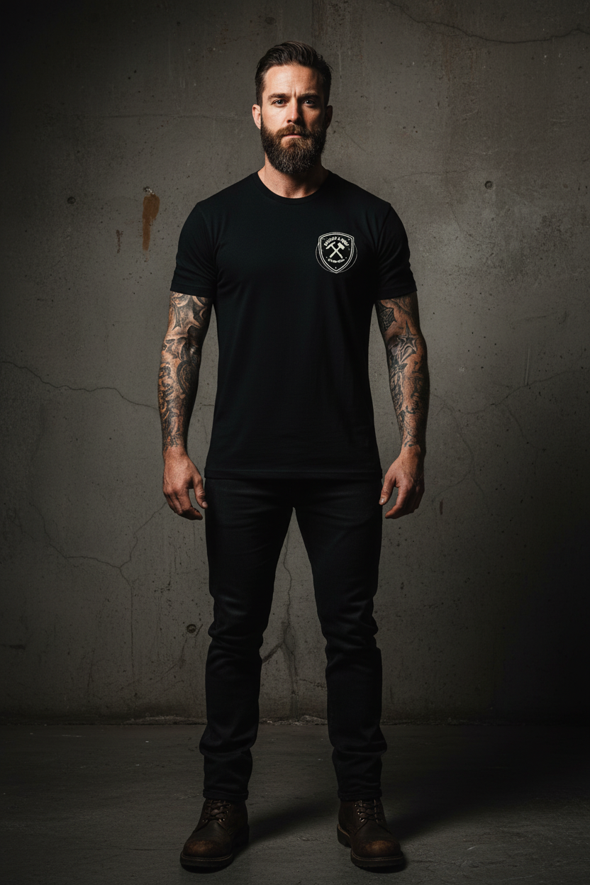Black Tee Front Mockup with Chest Badge