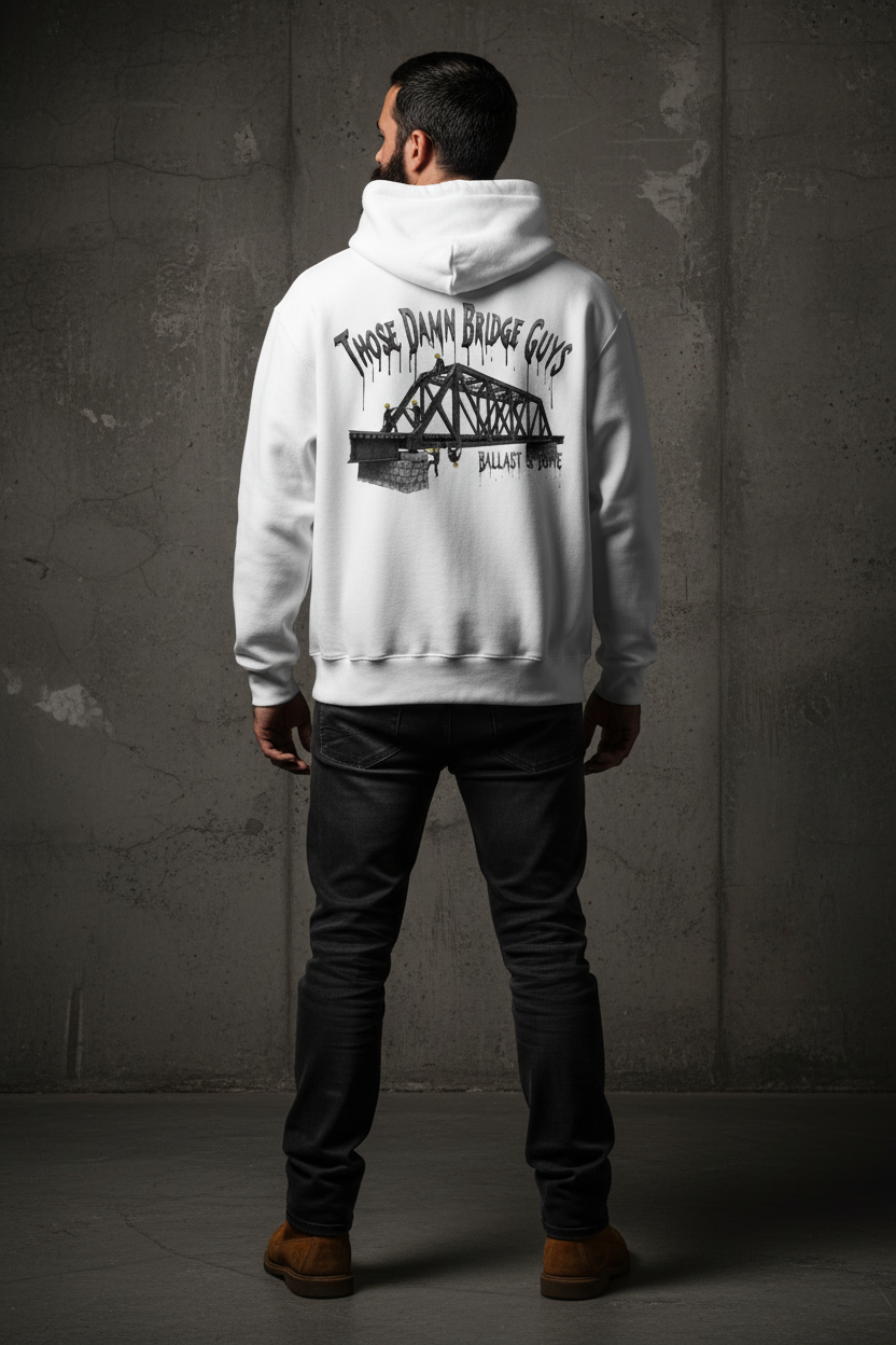 White Hoodie Back - Those Damn Bridge Guys Design