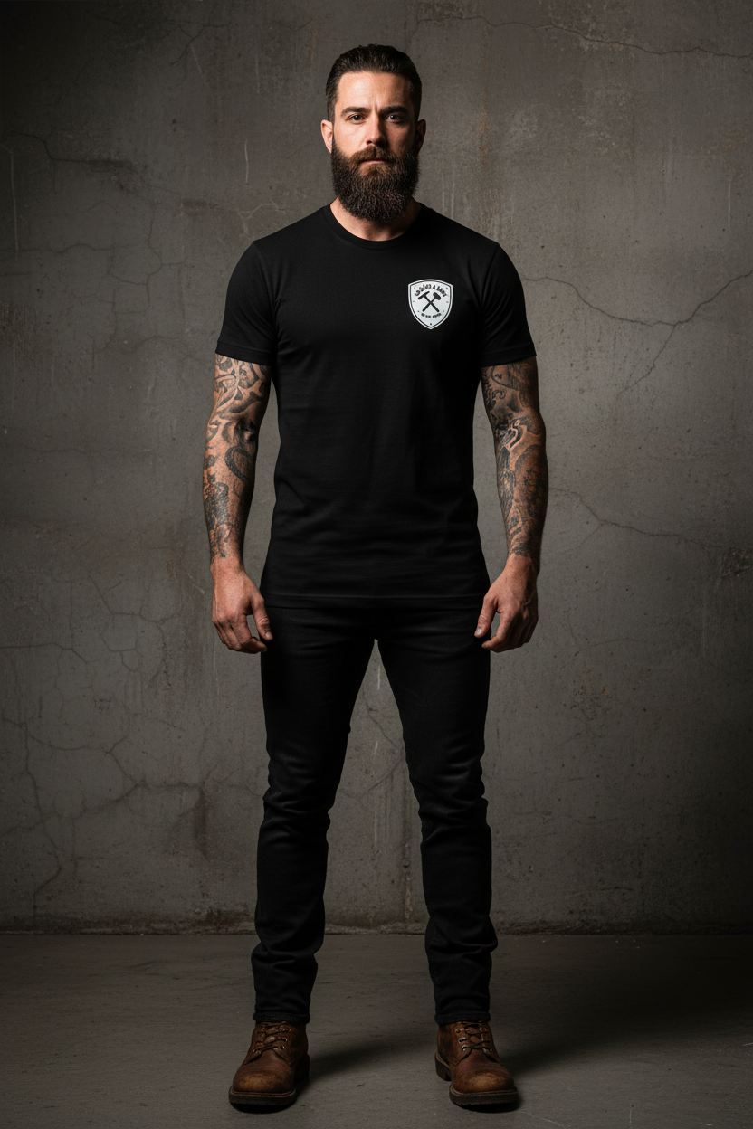 Black Tee Front Mockup with White Shield Badge