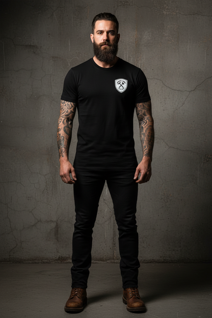 Black Tee Front Mockup with White Shield Badge