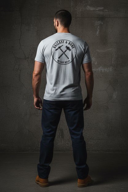 Silver t-shirt back with large badge