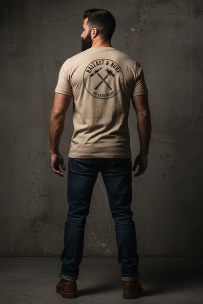 Tan t-shirt back with large badge