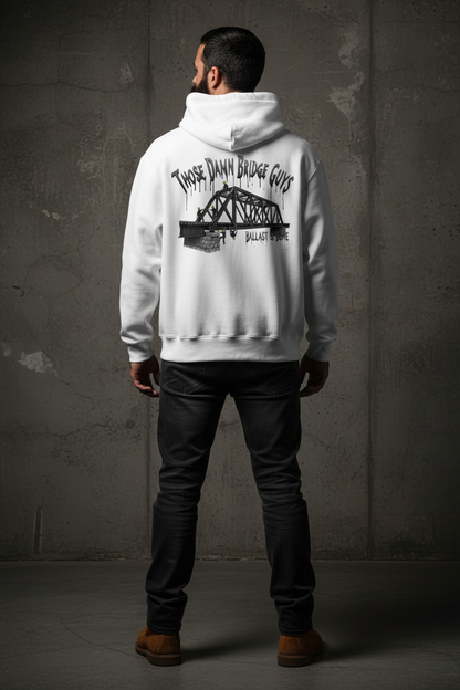 White Hoodie Back - Those Damn Bridge Guys Design