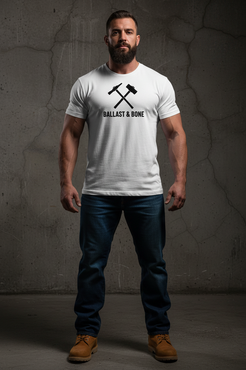 White t-shirt front with crossed hammers