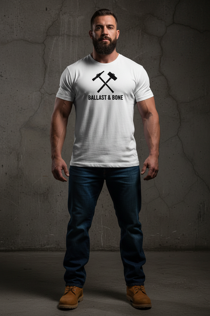 White t-shirt front with crossed hammers