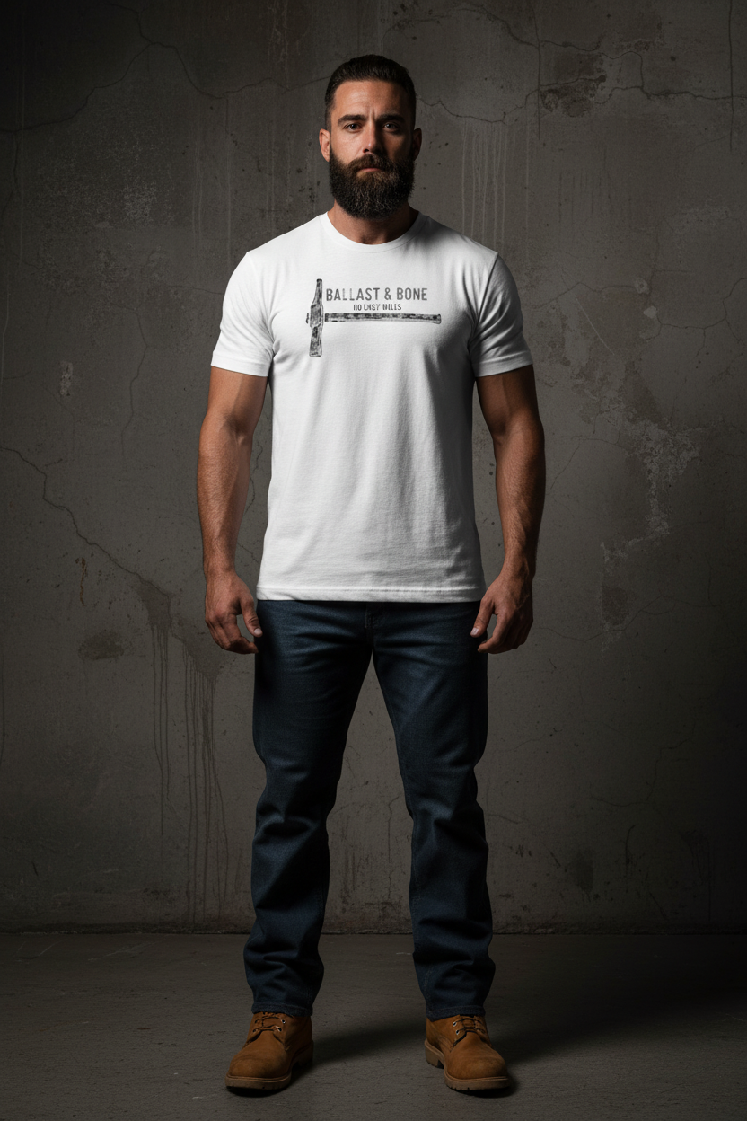 White t-shirt front with hammer design