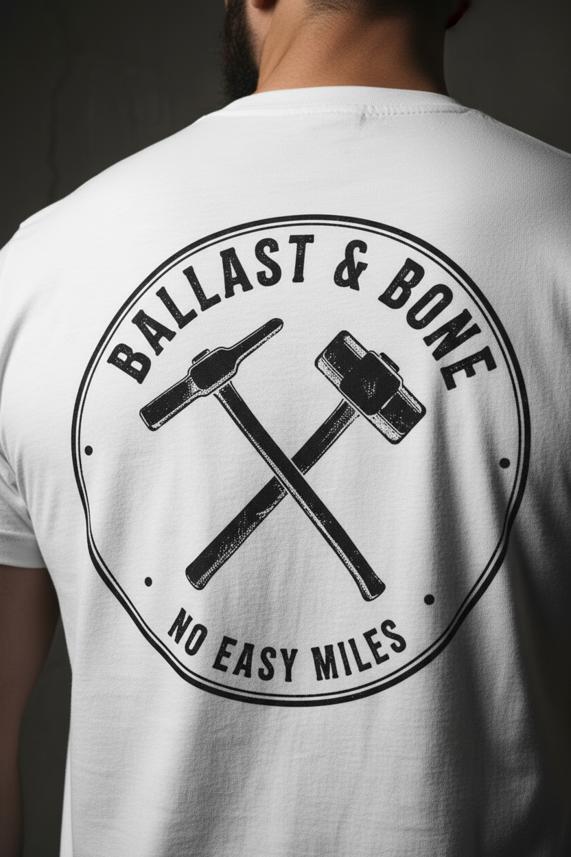 Zoomed-in back badge design on white t-shirt