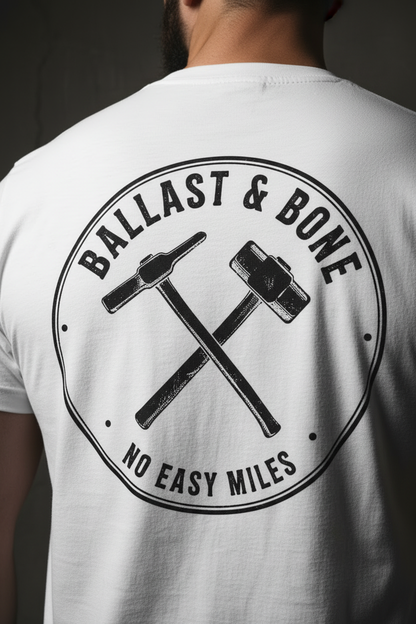 Zoomed-in back badge design on white t-shirt